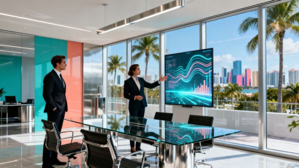 Madan & Freis Group office with professionals and cityscape view.
