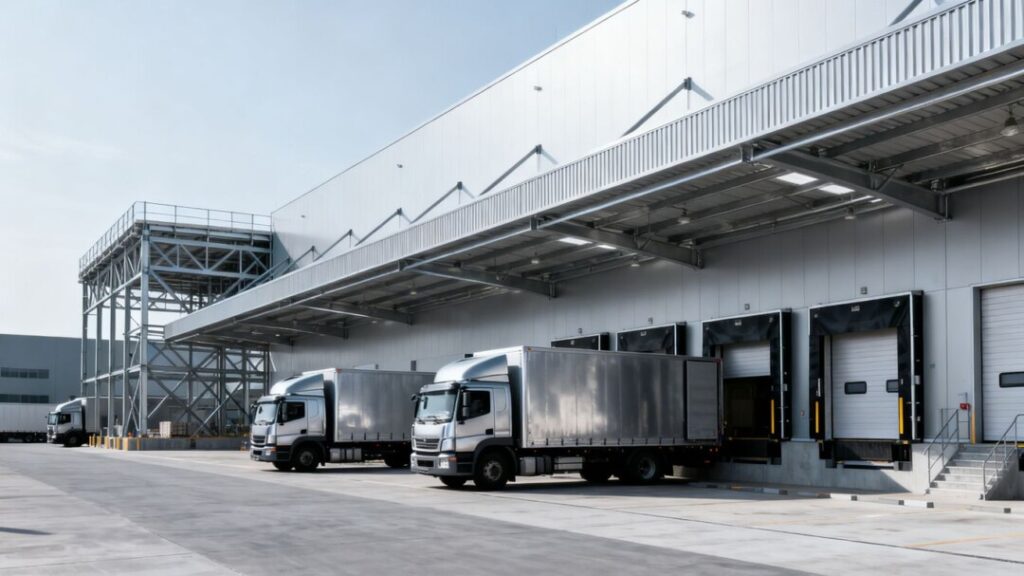 Warehouses with loading docks and trucks, indicating expansion.