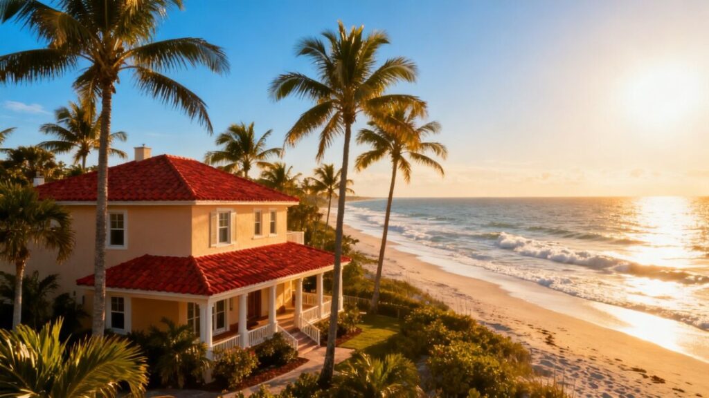 Florida coastline with a house and palm trees.