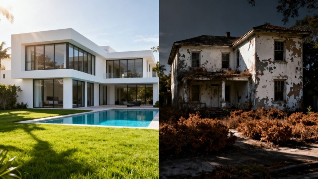 Pinecrest homes: one luxurious, one neglected.