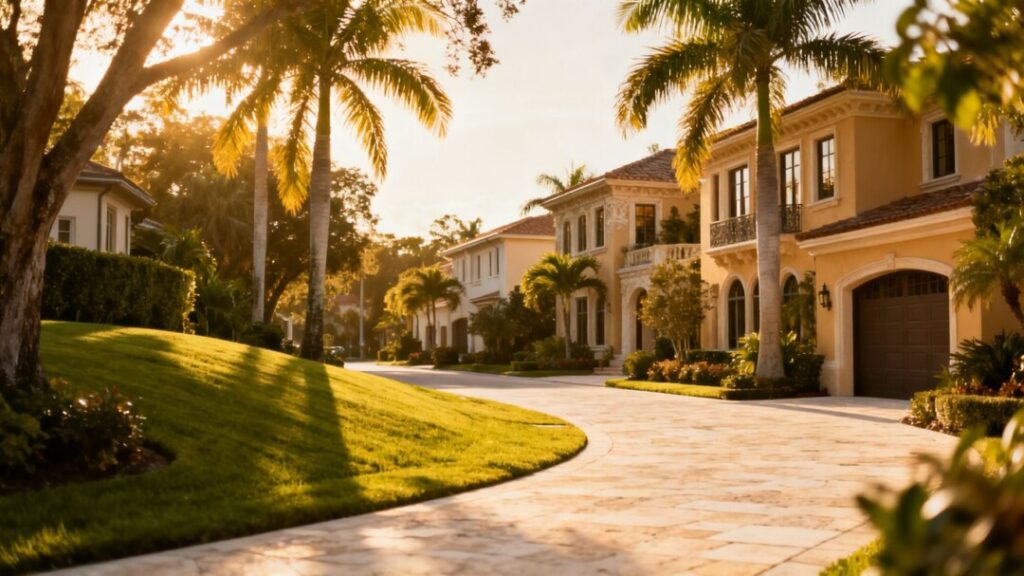 Elegant homes on a sunny street in Pinecrest.