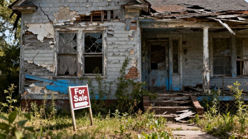 Dilapidated house with peeling paint and overgrown yard.
