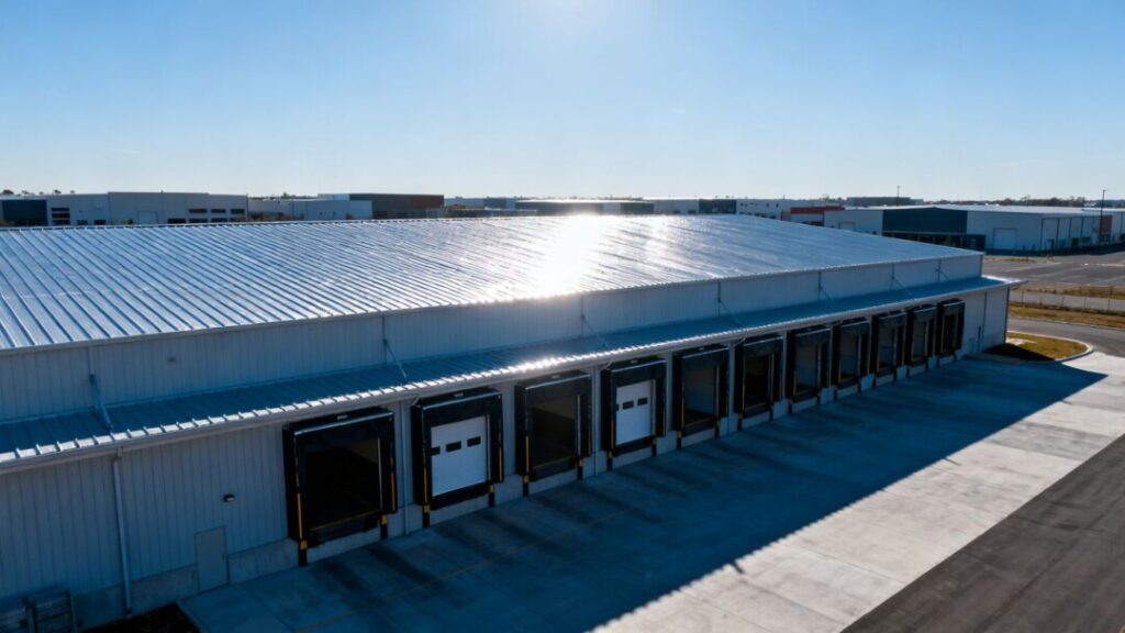 Modern industrial warehouse with loading bays under a clear sky.
