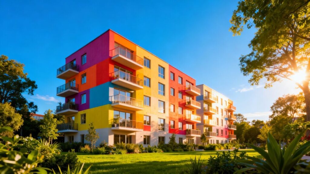 Modern apartment complex with green landscaping and blue sky.