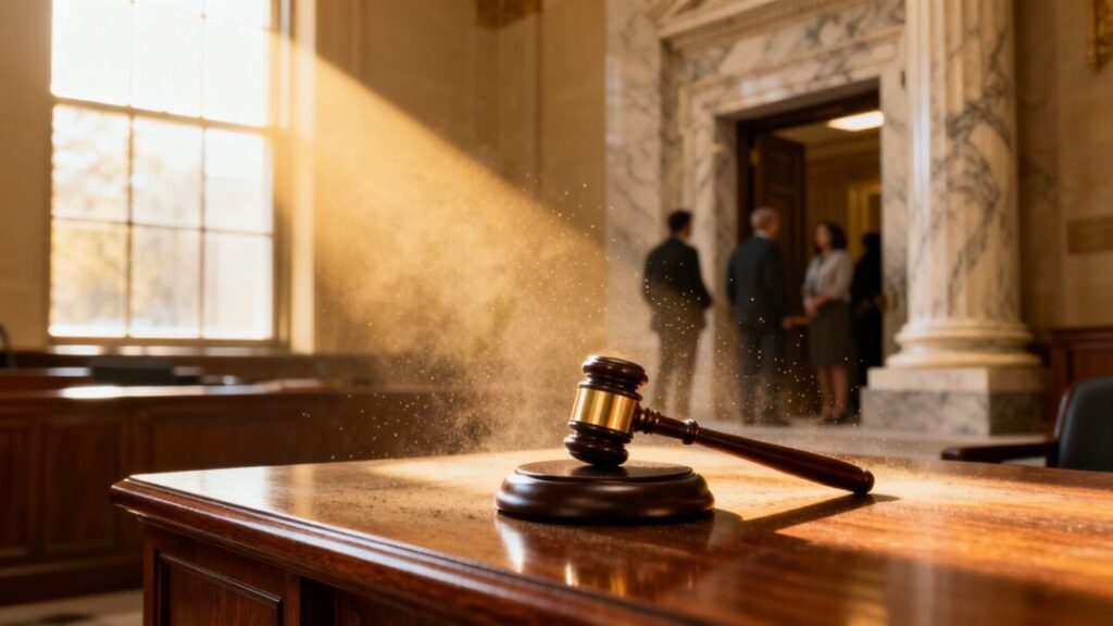 Courtroom gavel and blurred figures outside courthouse.