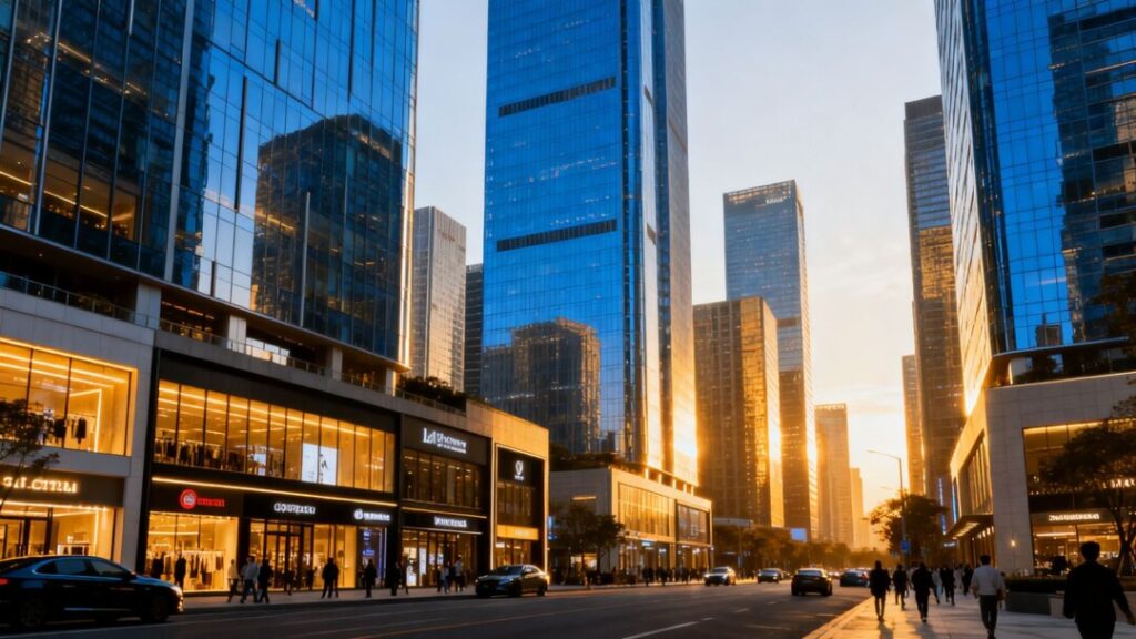 Cityscape with skyscrapers and retail storefronts, symbolizing growth.