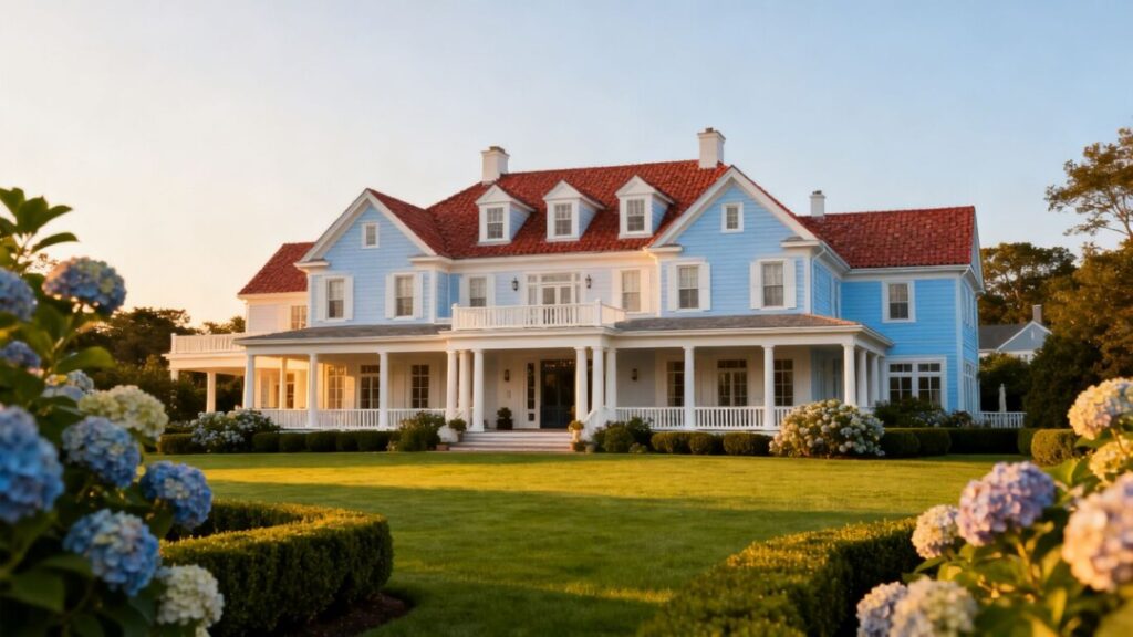 [Meg Ryan]'s Bridgehampton home, a grand estate with a large lawn.
