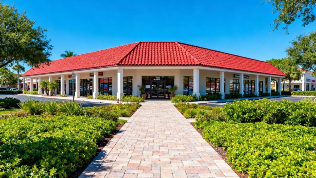 Commercial building with red roof and green landscaping.