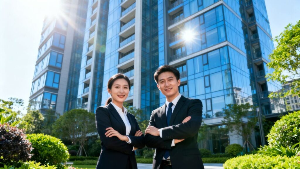 Real estate agents in front of luxury condo building.