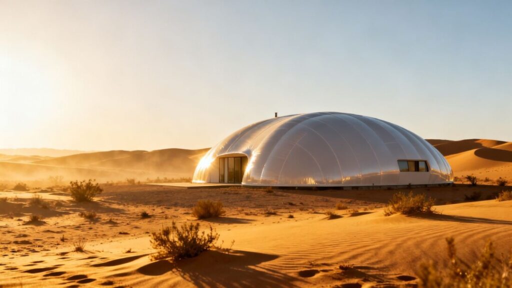 Fiberglass dome home in a desert landscape.