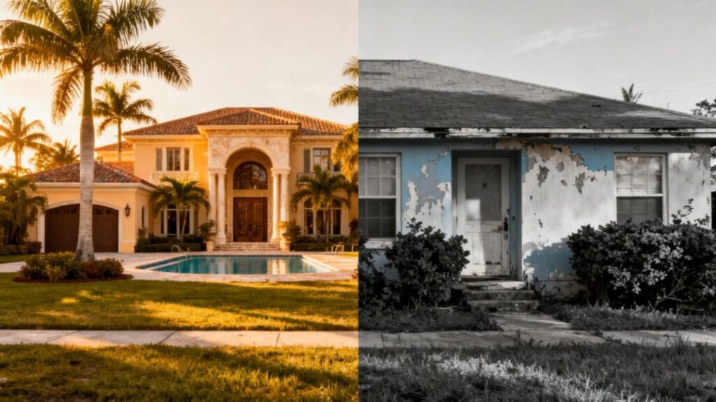 Split image of luxury and modest Florida homes.