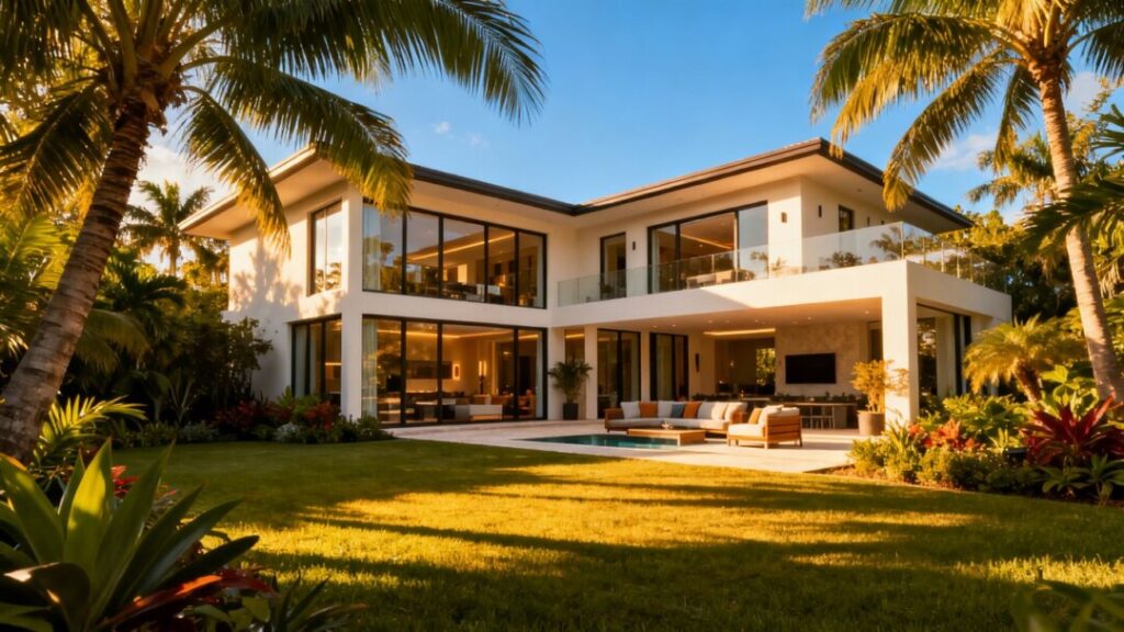 Miami home with palm trees and sunny backyard.