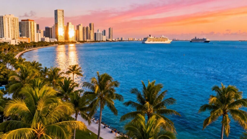 Miami skyline and ocean view with palm trees.