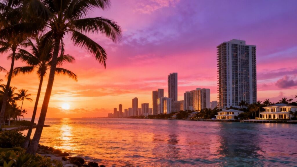 South Florida skyline with palm trees and ocean at sunset.