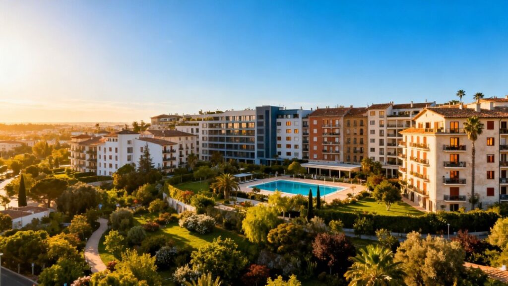 Apartment complex buildings with landscaping and a swimming pool.