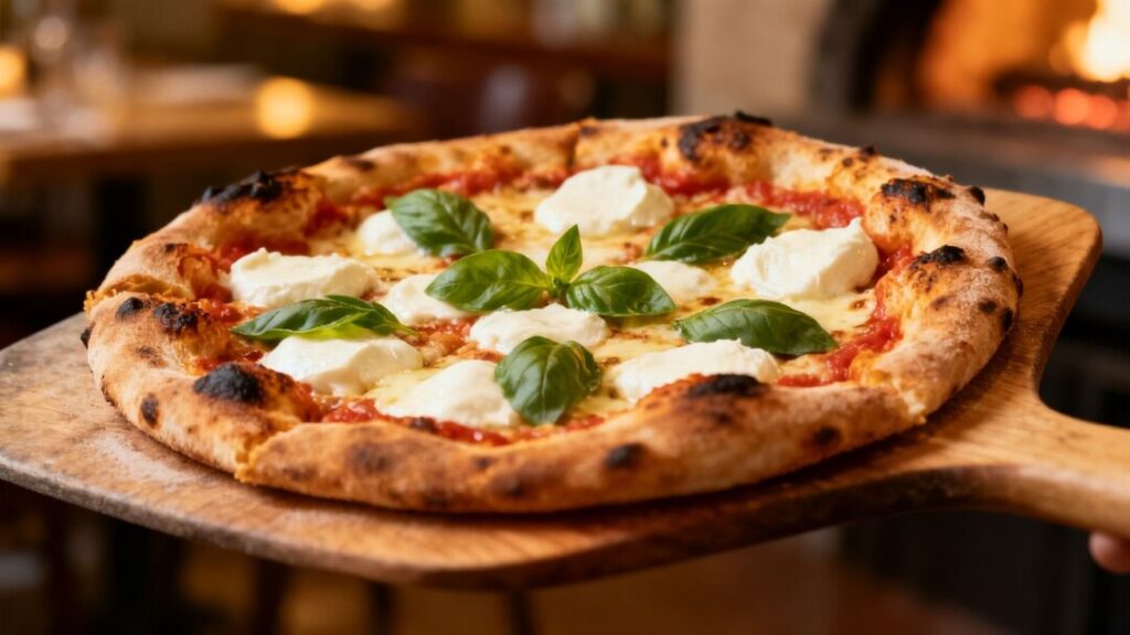 Neapolitan pizza with basil and melted mozzarella.