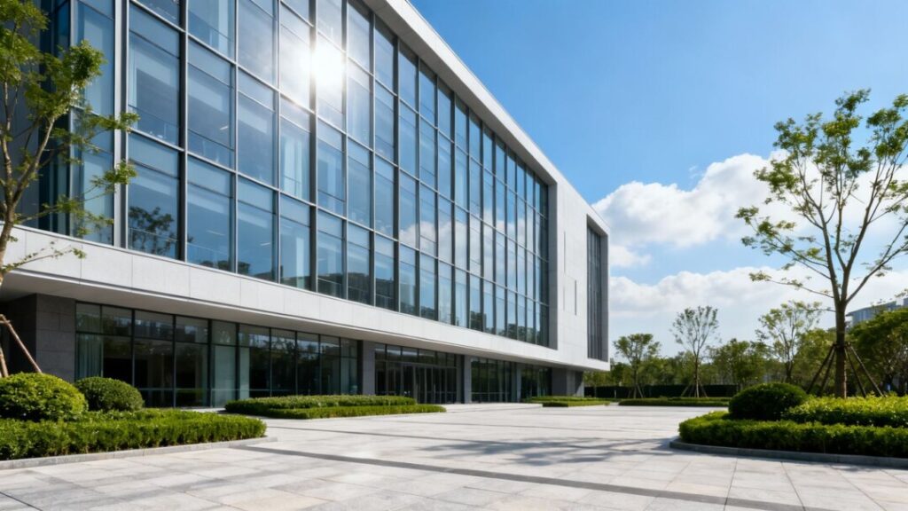 Modern office building exterior with landscaping.