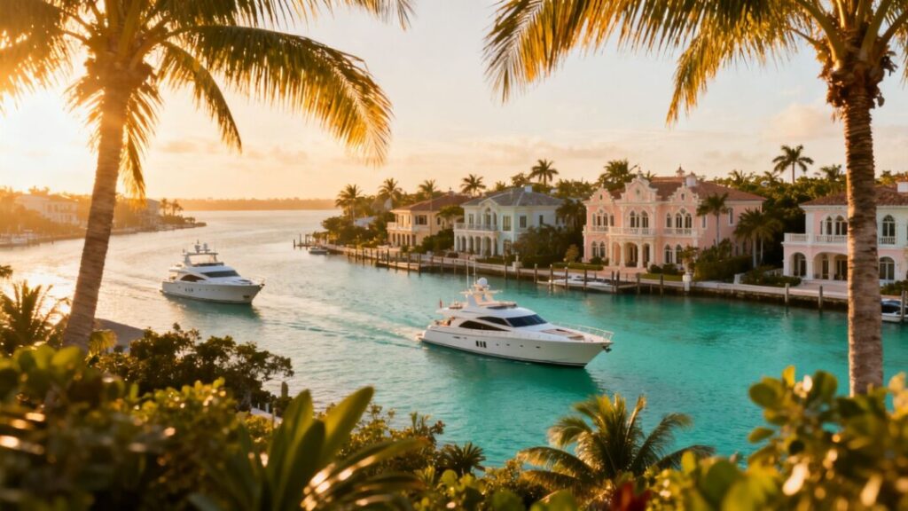 Naples skyline with luxury homes and yachts.