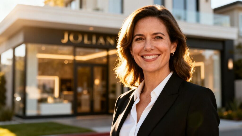 [Jessica Julian] in front of a modern building, smiling.
