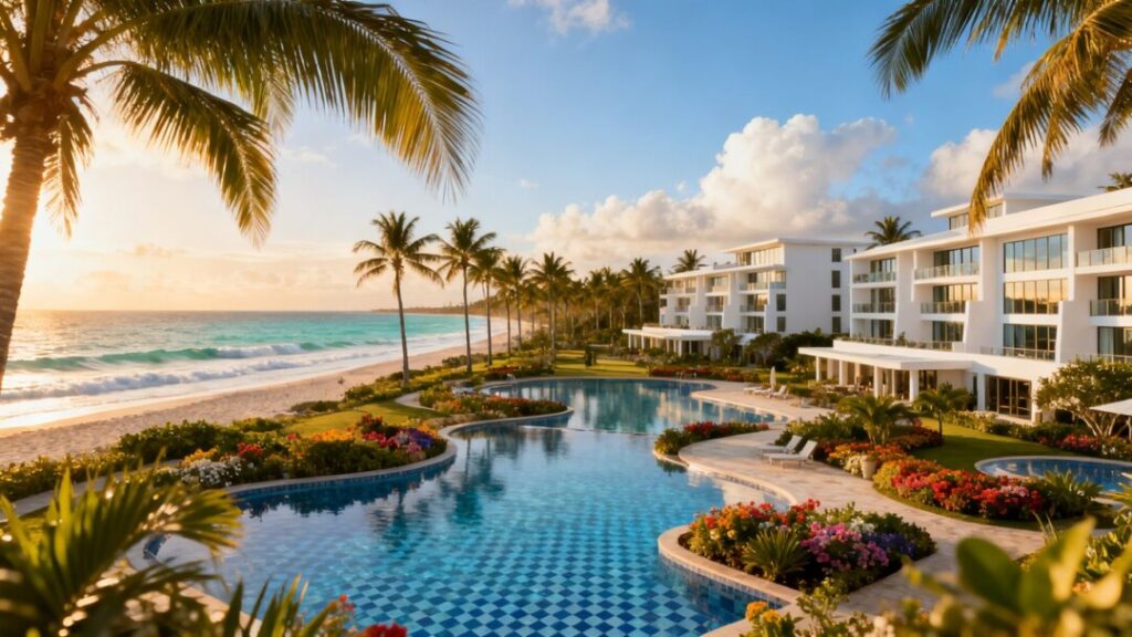 Palm Beach resort with ocean and palm trees.