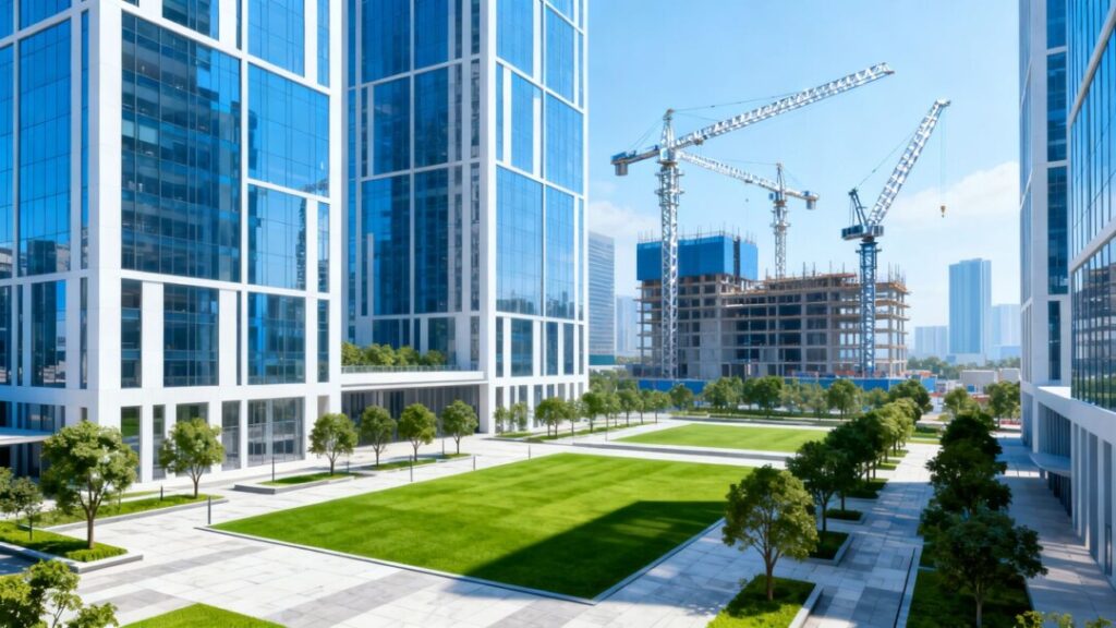 VIVA White Oak Project development rendering with construction cranes.