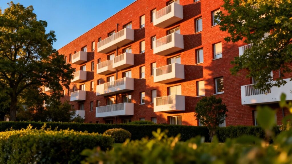Dallas apartment community with red brick and green trees.