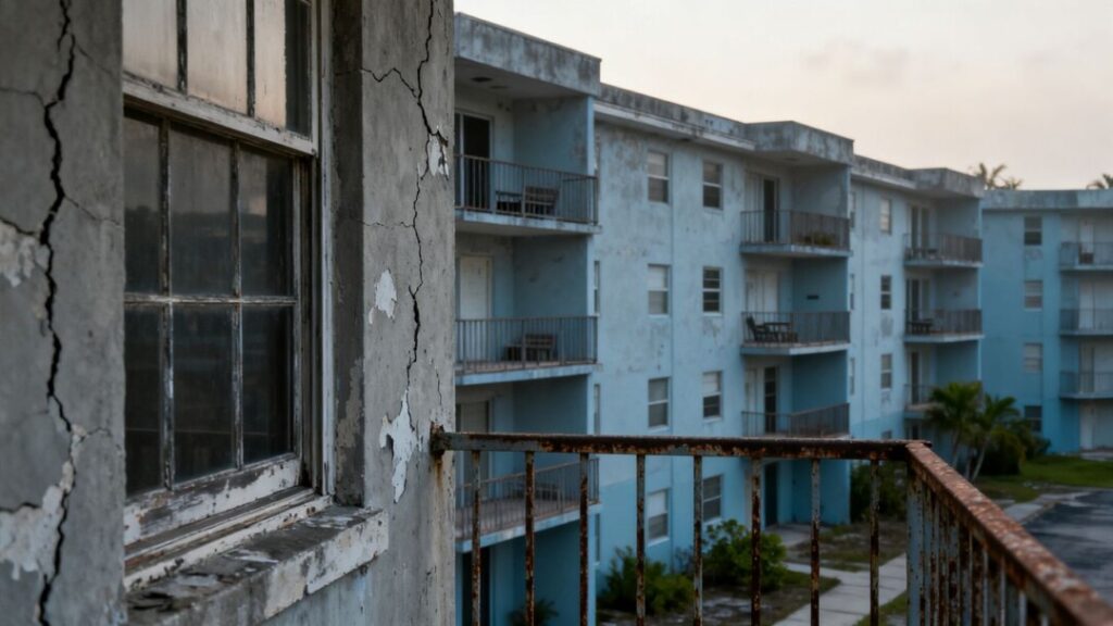 Florida condos with visible structural issues and vacancies.