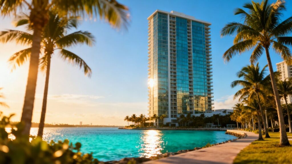 Miami waterfront condominium tower with palm trees and bay.