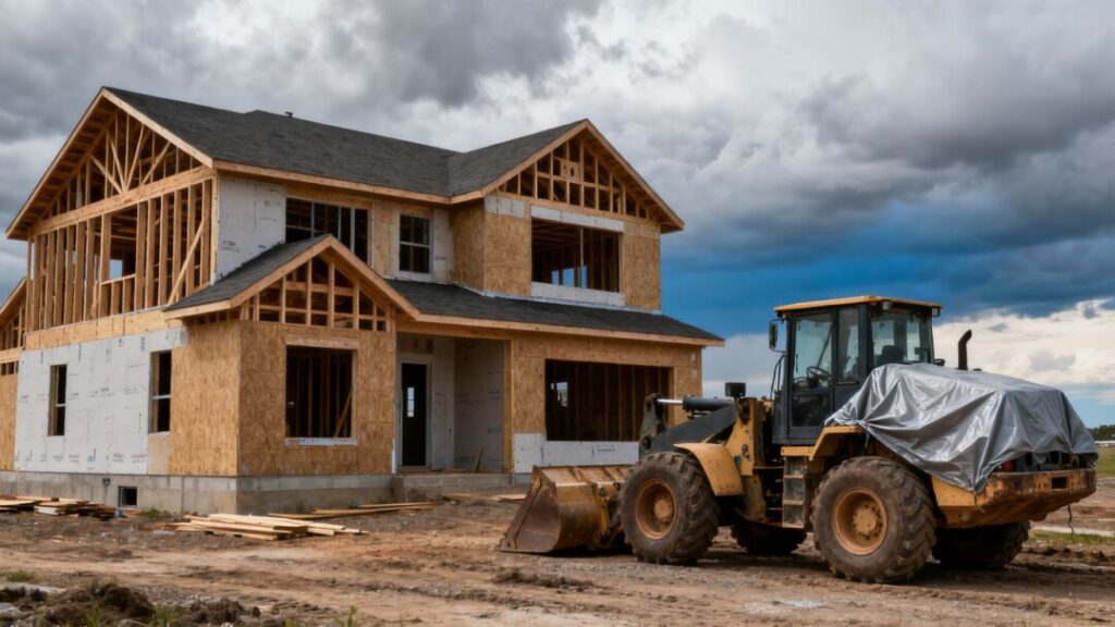 New home construction site with idle equipment.
