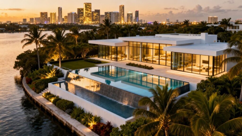 Luxury Miami waterfront mansion with infinity pool and skyline view.