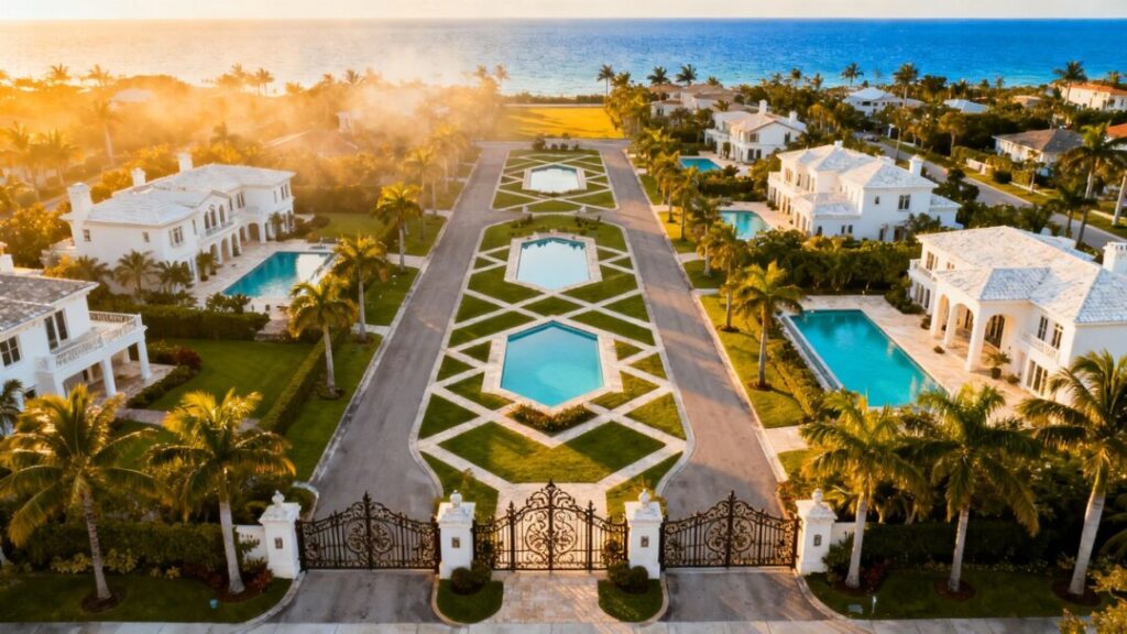 Luxurious Miami gated community with mansions and ocean views.