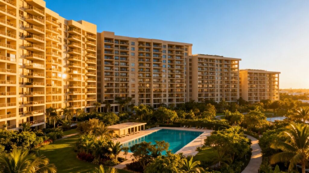 Miami-Dade apartment complex with pool and green landscaping.