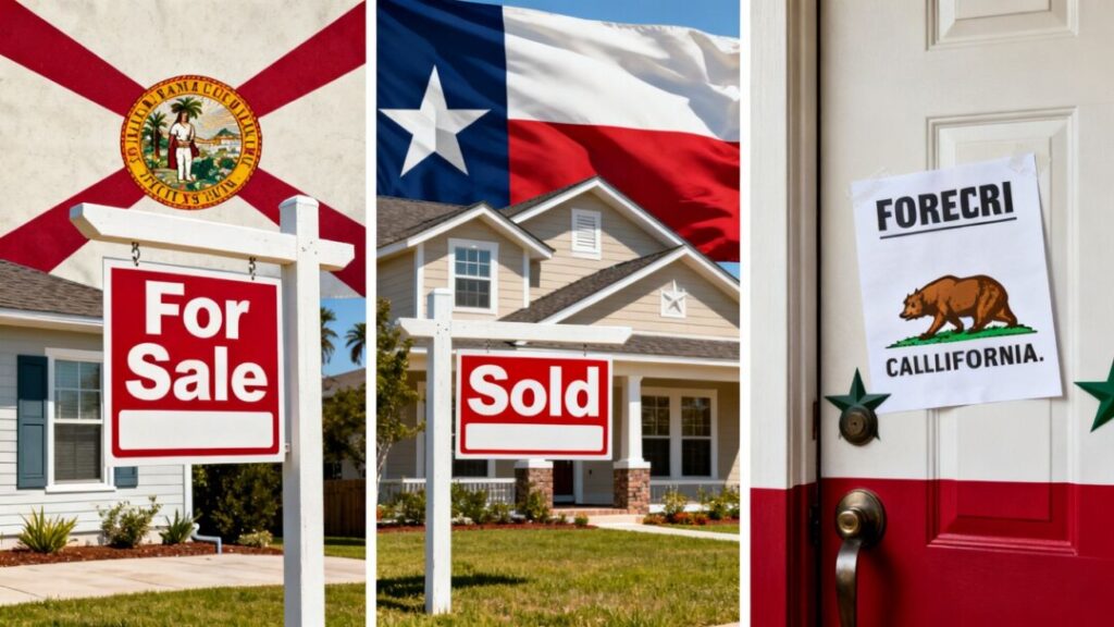 Foreclosure signs in Florida, Texas, and California.