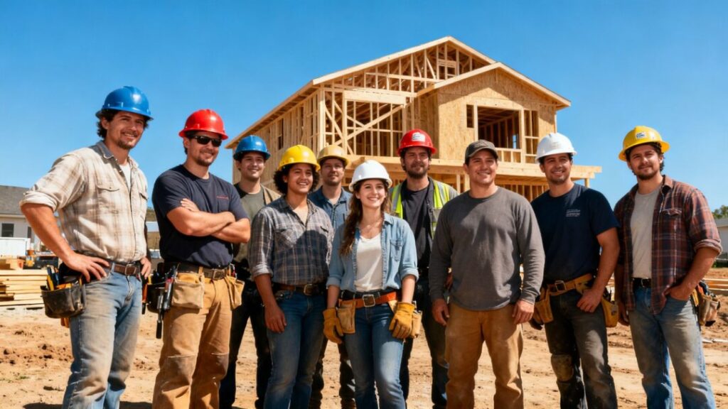 Construction workers gathered near a new home build.