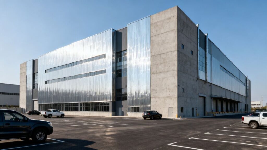Modern industrial building with parking lot.