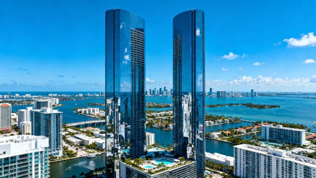 Miami skyline with two new super-tall luxury towers.