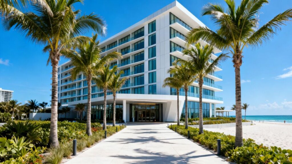 Tony Hotel South Beach exterior with palm trees.