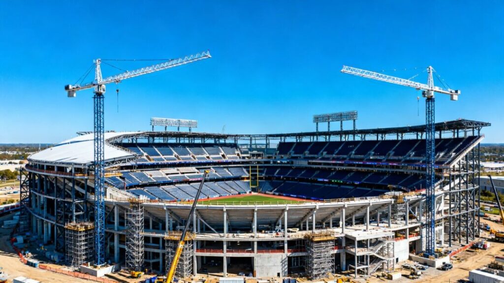 New baseball stadium construction site with cranes.