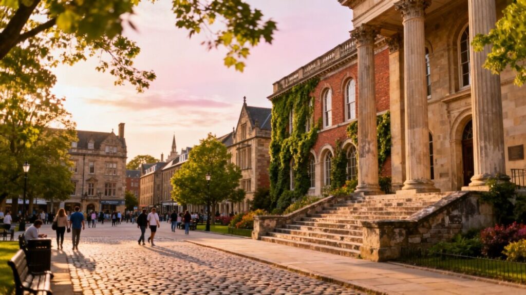 Charming college town square with historic buildings and greenery.