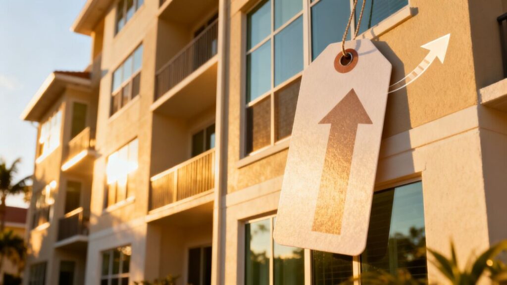 Florida apartment building with a price tag and upward arrow.