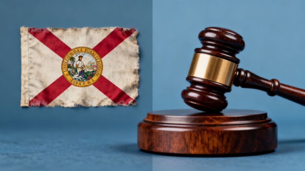 Florida flag and a gavel striking a block.