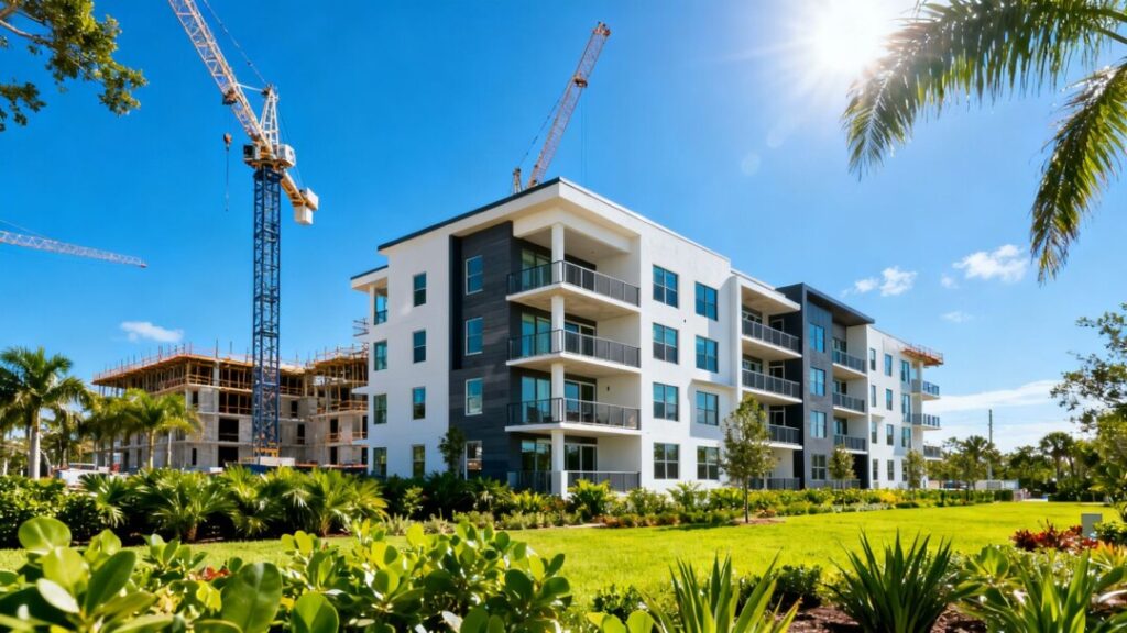 Florida apartment building construction with cranes and landscaping.