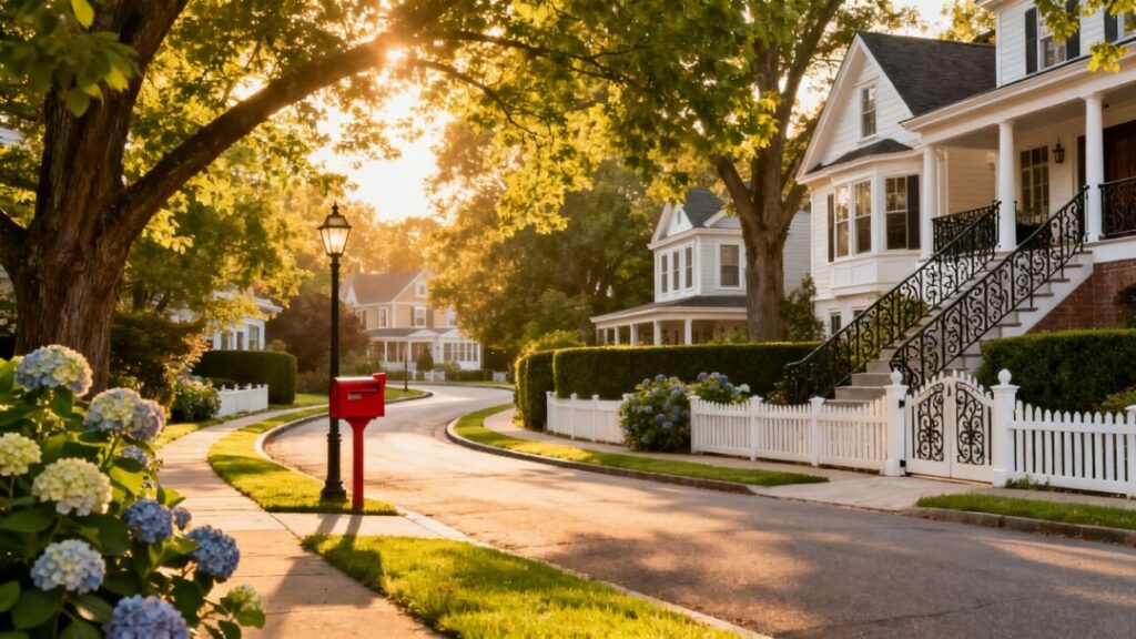 Elegant Pinecrest street with trees and upscale homes.