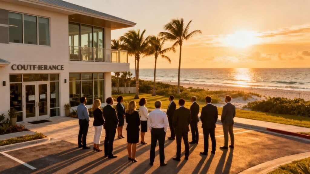 Florida real estate agents gather on a coastal property.