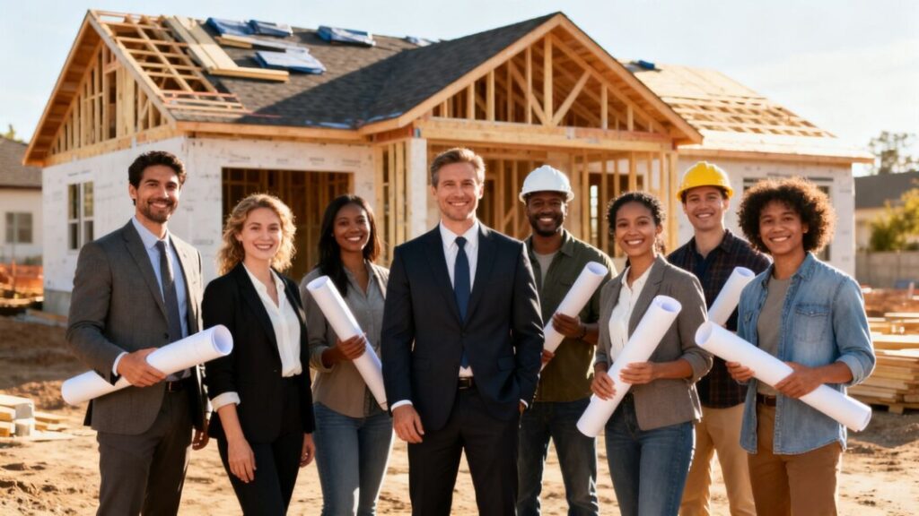 Real estate leaders on a construction site building homes.