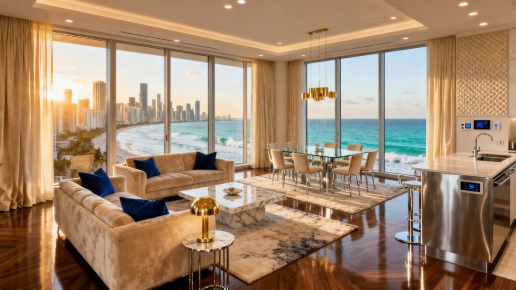 Luxury penthouse with city and ocean views.