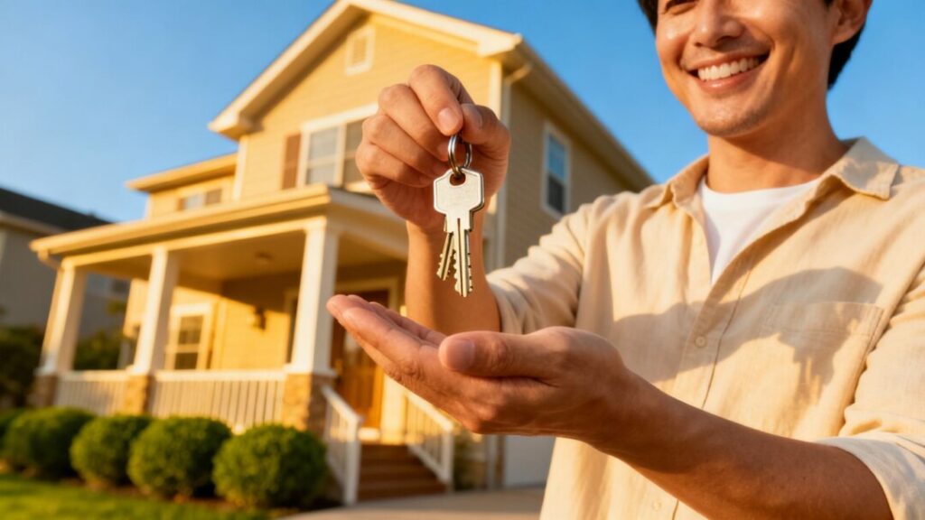 Homeowner with keys, house in background, positive mood.