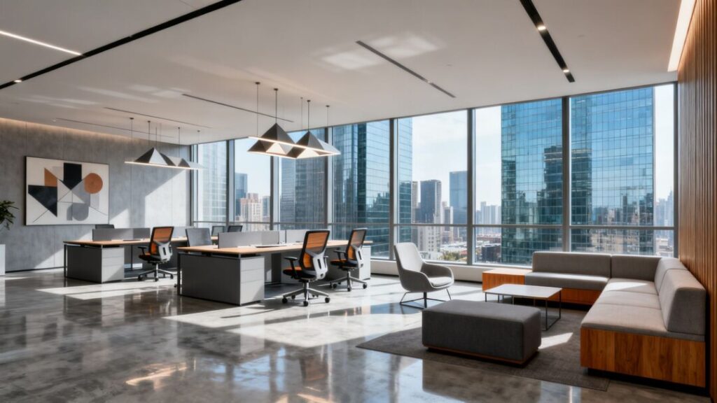 Modern flexible workspace interior with city view.