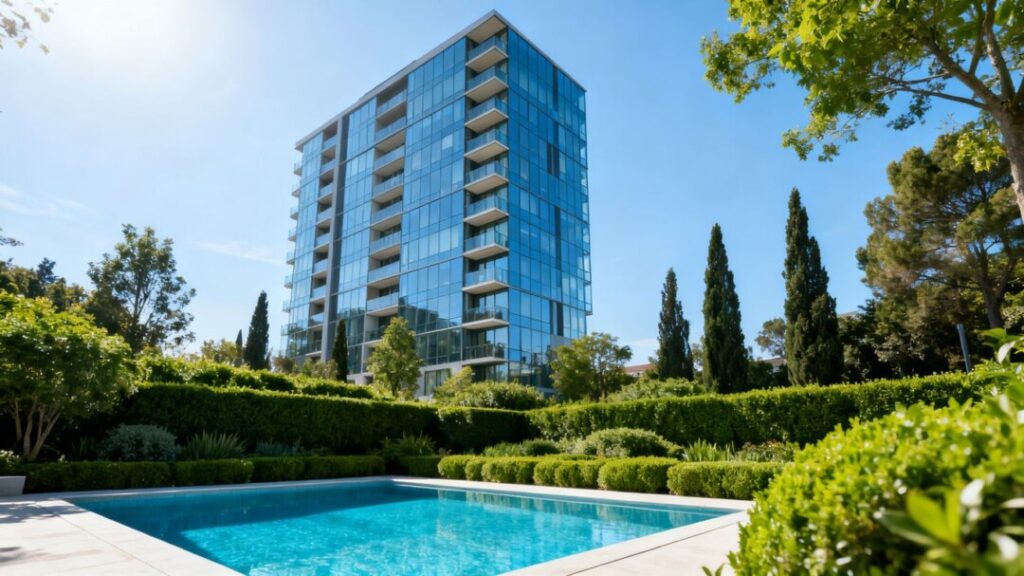 Modern apartment building with pool and landscaping.