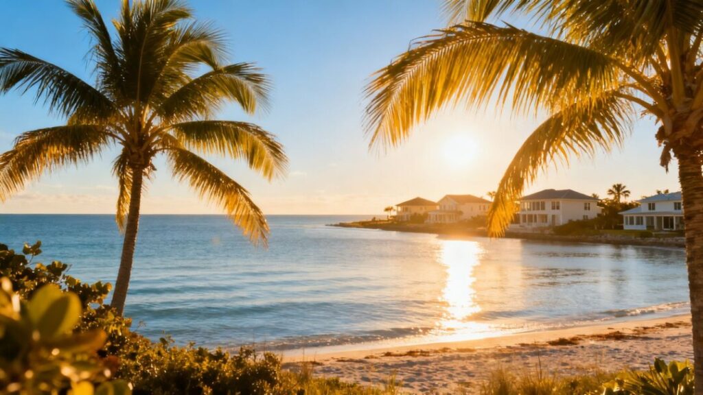 Florida coastline with houses and palm trees.